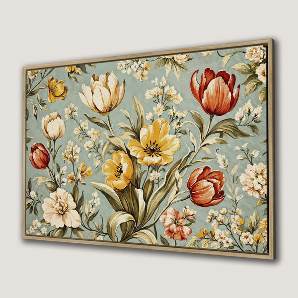 Framed Wall Art featuring a floral print with tulips and other flowers in a vintage style, showcasing a soft, warm color palette.