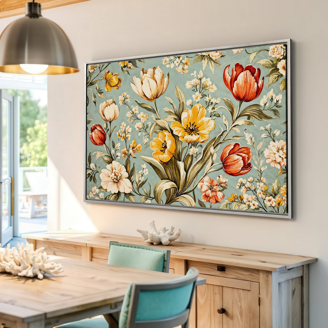 Framed Wall Art featuring a vintage floral design in a soft, muted color palette. Perfect for adding a touch of elegance to any room.