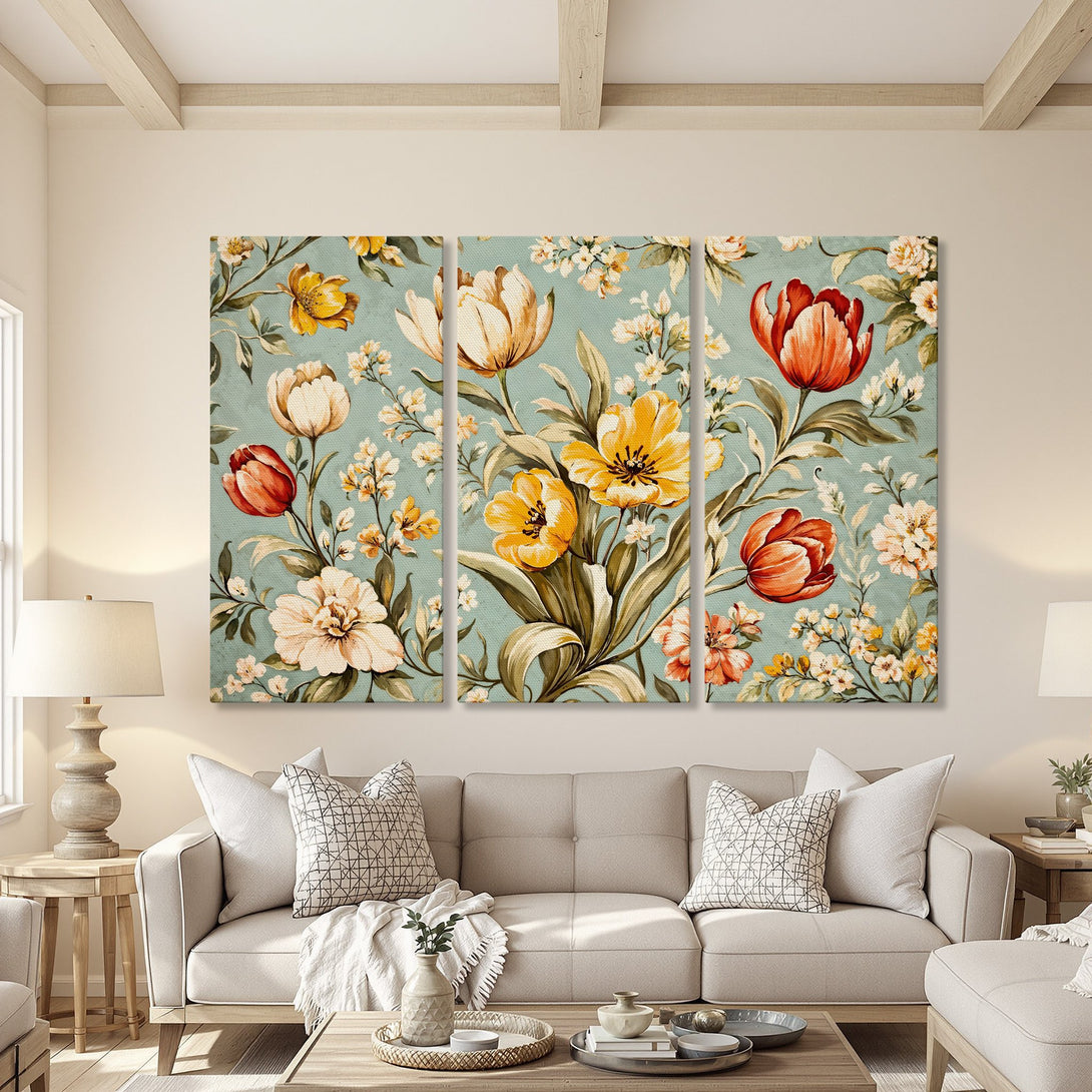 Canvas Print of floral artwork in vintage style. Features a teal background with red, yellow, and cream flowers. Perfect for adding a touch of elegance.