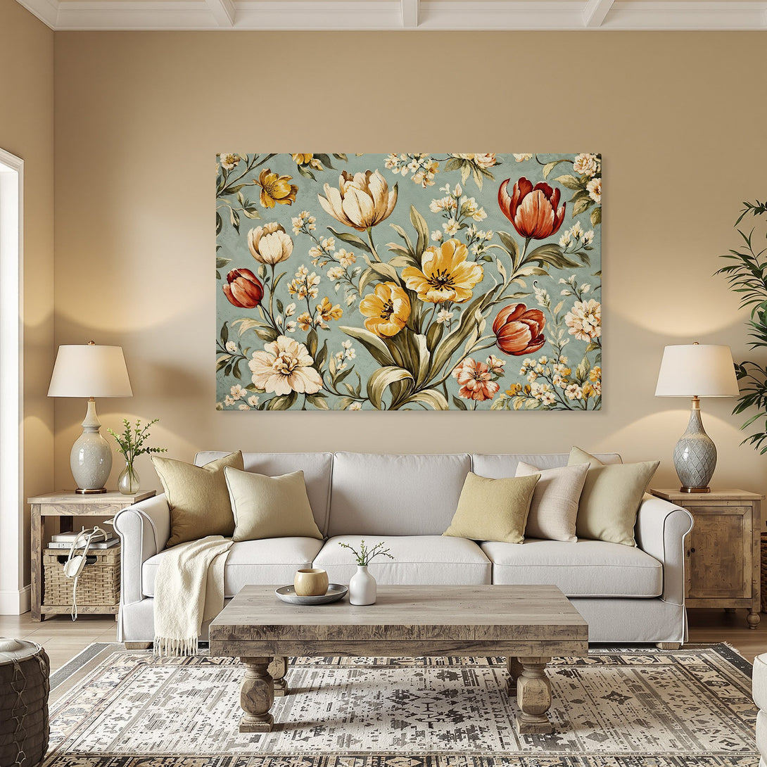 Framed Wall Art featuring a floral botanical print with a vintage style. The color palette includes teal, yellow, and red. Perfect for adding elegance to any room.