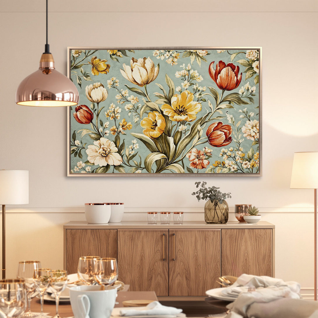 Framed Wall Art featuring a vintage floral design with yellow, red, and cream flowers on a teal background, perfect for adding a touch of elegance.