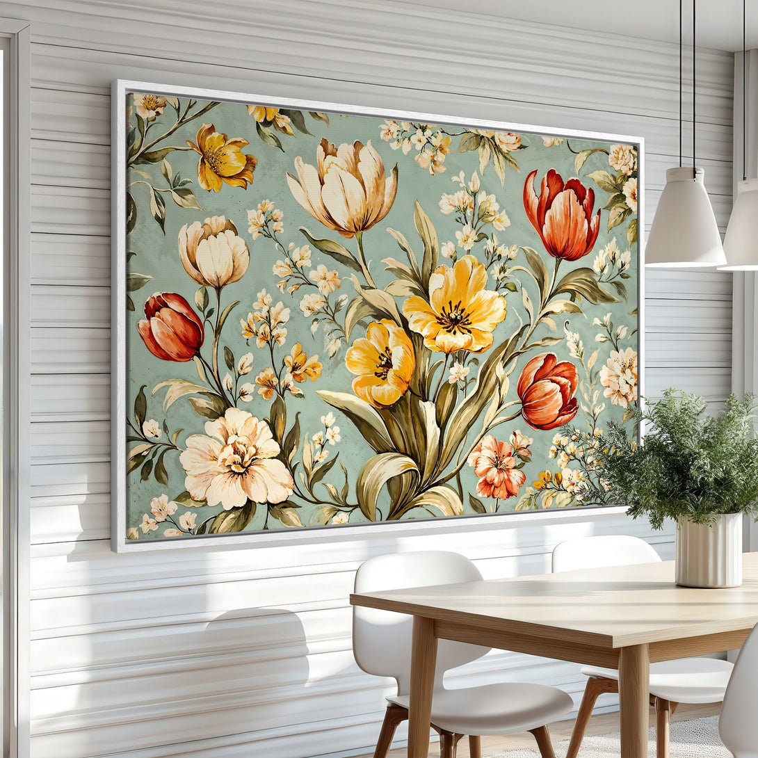 Framed Wall Art: Vintage floral Canvas Print in a dining room. Features a botanical design with warm yellows, oranges, and greens on a muted teal background.