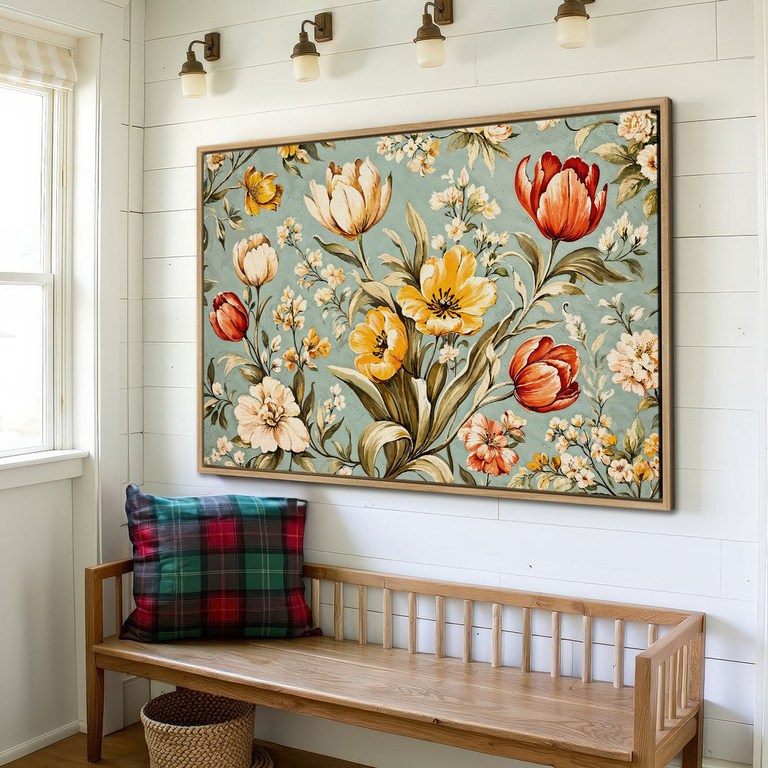 Framed Wall Art featuring vintage floral design with tulips in a soft, warm color palette. Perfect for adding a touch of elegance to your home decor.