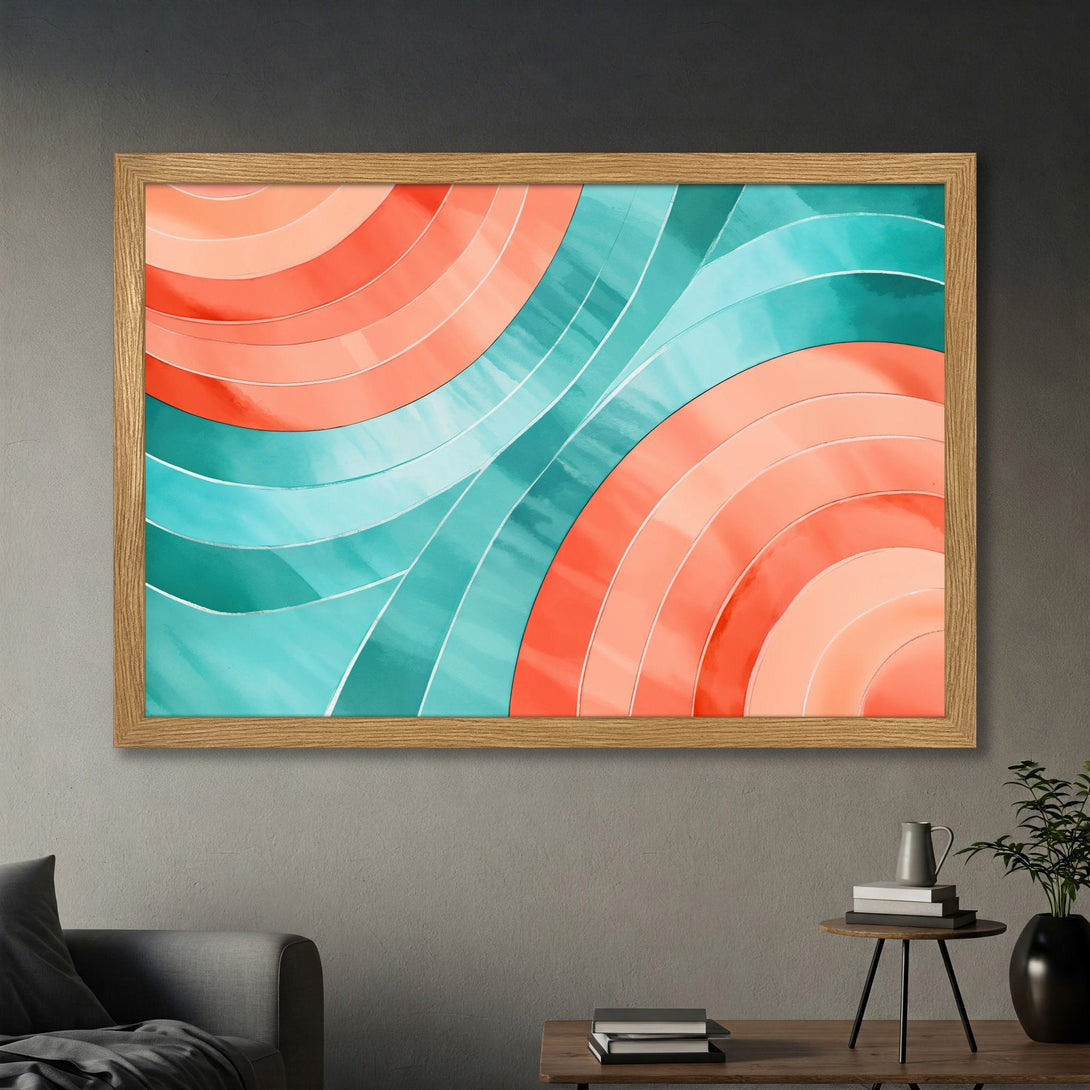 Framed Poster featuring abstract waves in coral and teal, a modern art piece to elevate your space.