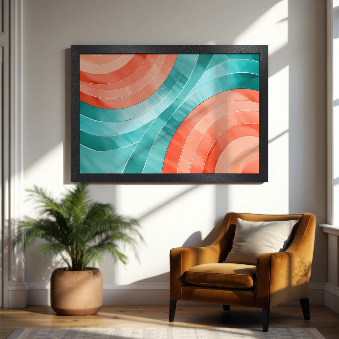 Framed Poster featuring abstract waves in teal and coral hues. Modern art print for home decor.