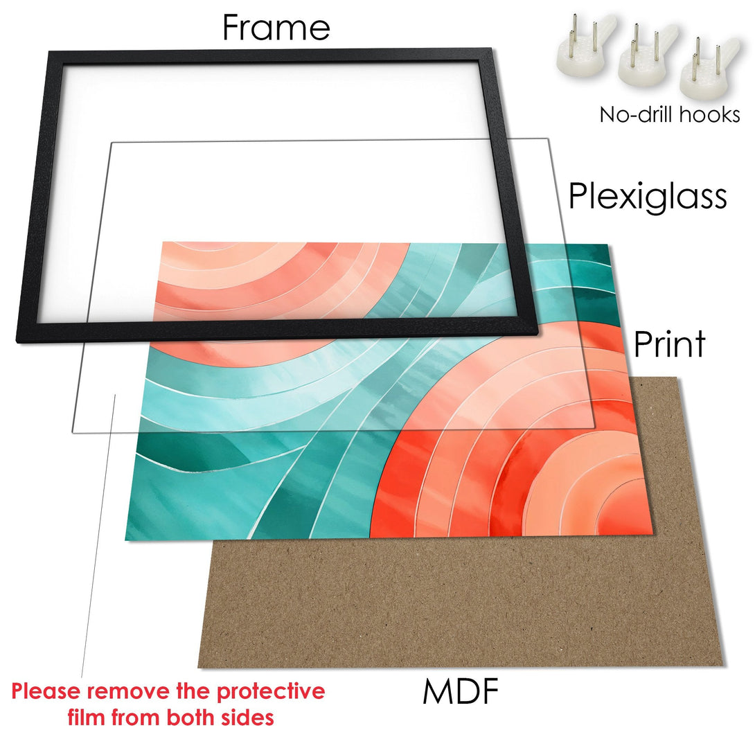 Framed Poster featuring an abstract design in teal and coral hues. Modern art style, ready to hang and brighten your space.