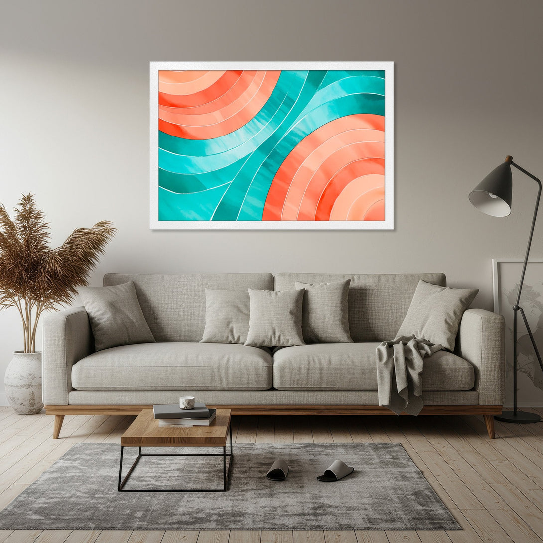 Framed Poster featuring abstract wave design in teal and coral. Modern art print for stylish home decor.