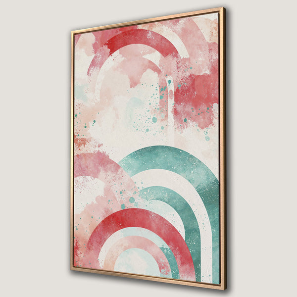 Framed Wall Art of abstract watercolor rainbow in red, pink, and teal. Modern art canvas print perfect for adding a pop of color to any room.