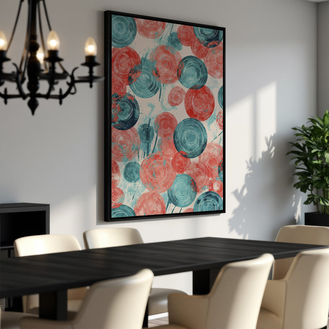 Framed Wall Art featuring abstract circles in teal and coral, perfect for adding a pop of color to your dining room. Modern art for stylish homes.