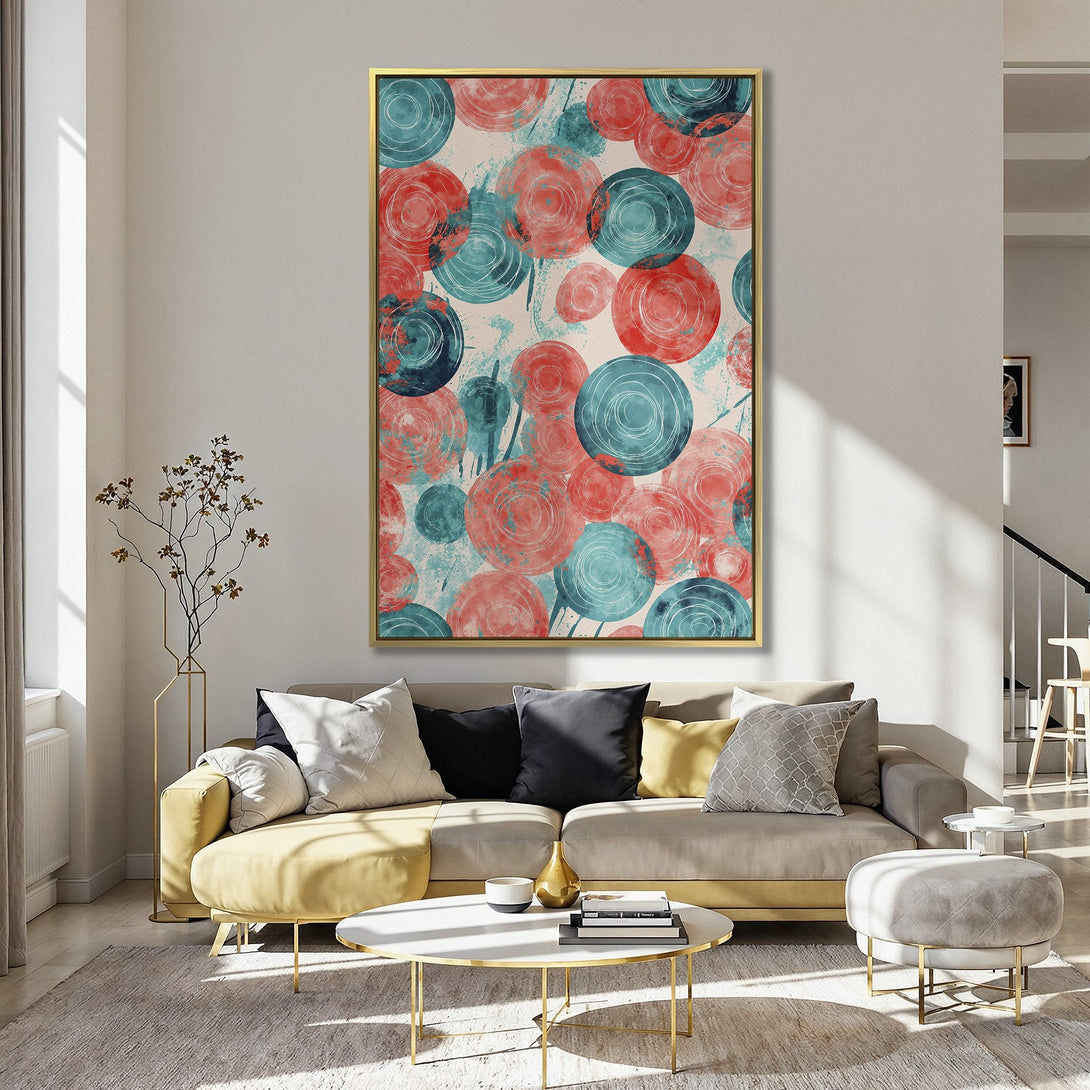 Canvas Print featuring abstract circles in teal and coral against a neutral backdrop. Modern wall art adds a pop of color to any interior.