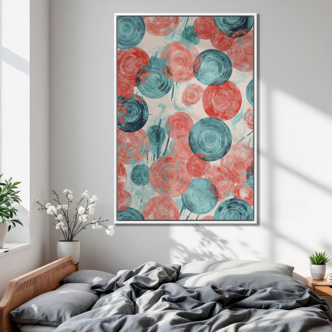 Framed Wall Art featuring abstract circles in teal and coral, perfect for adding a pop of color to your bedroom decor.