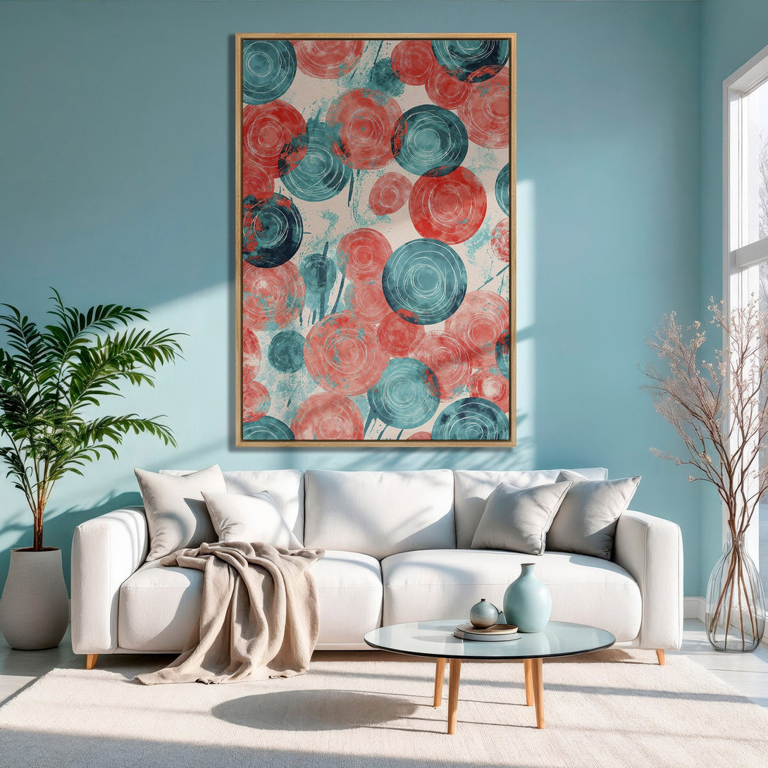 Framed Wall Art featuring abstract circles in red, teal, and navy, perfect for modern interior design. Canvas Print adds a pop of color!