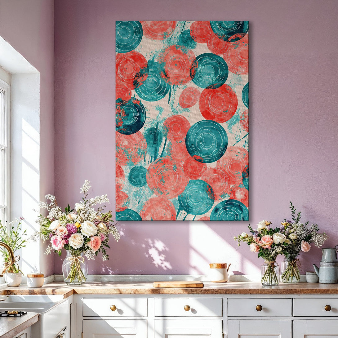 Framed Wall Art: Abstract art with red, blue, and teal circles. Modern style, perfect for living room decor. Adds a pop of color!