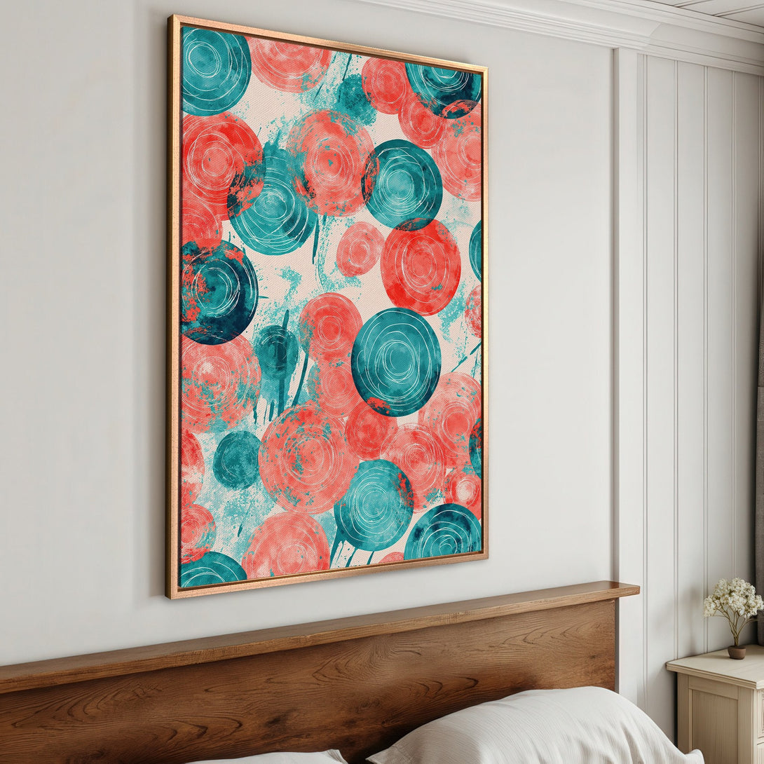 Framed Wall Art featuring an abstract design of teal and coral circles. Modern art print for a stylish interior.