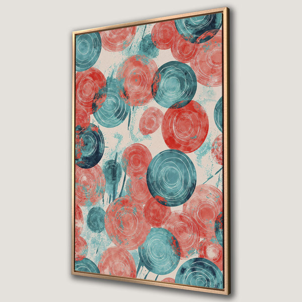 Framed Wall Art featuring abstract circles in red and teal watercolor style. Add a pop of color with this stylish canvas print!