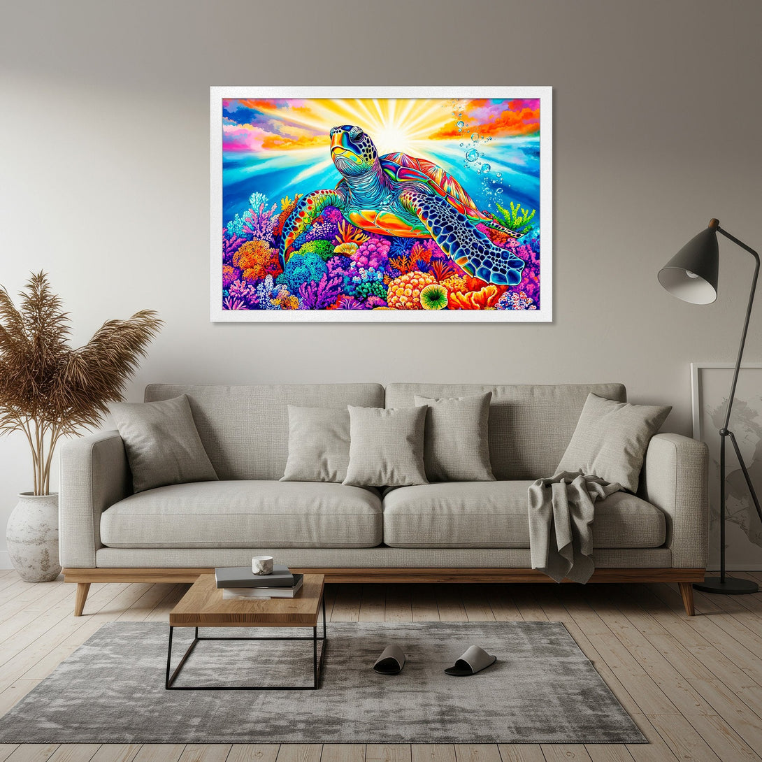 Framed Poster featuring a vibrant sea turtle in a colorful, artistic style. Bright, bold color palette perfect for any room!