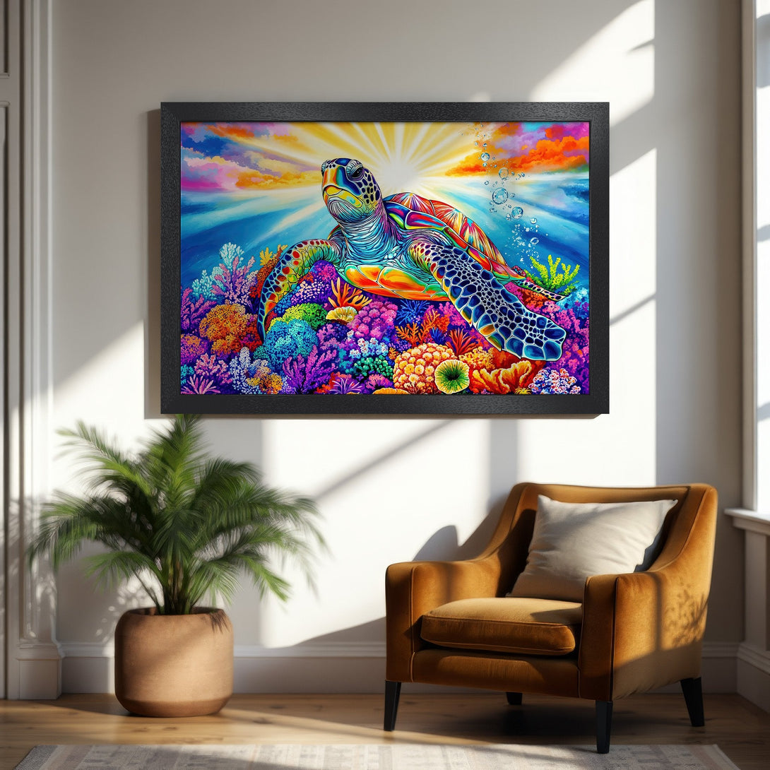 Framed Poster featuring a vibrant sea turtle in a colorful, artistic style. Stunning blues, greens, yellows, and purples create a captivating art piece.