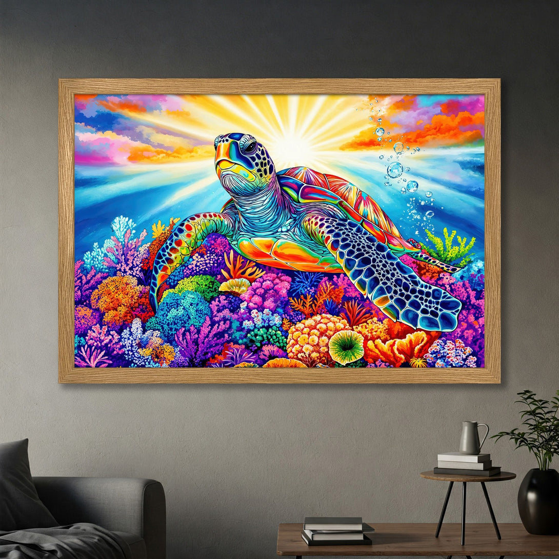 Framed Poster featuring a vibrant sea turtle in a colorful, artistic style. Bright blues, oranges, and purples create a stunning visual.