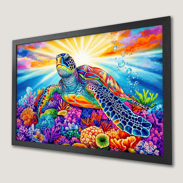 Framed Poster: Vibrant sea turtle art in a colorful, pop art style. Featuring a vivid palette of blues, oranges, and purples. Perfect wall decor!