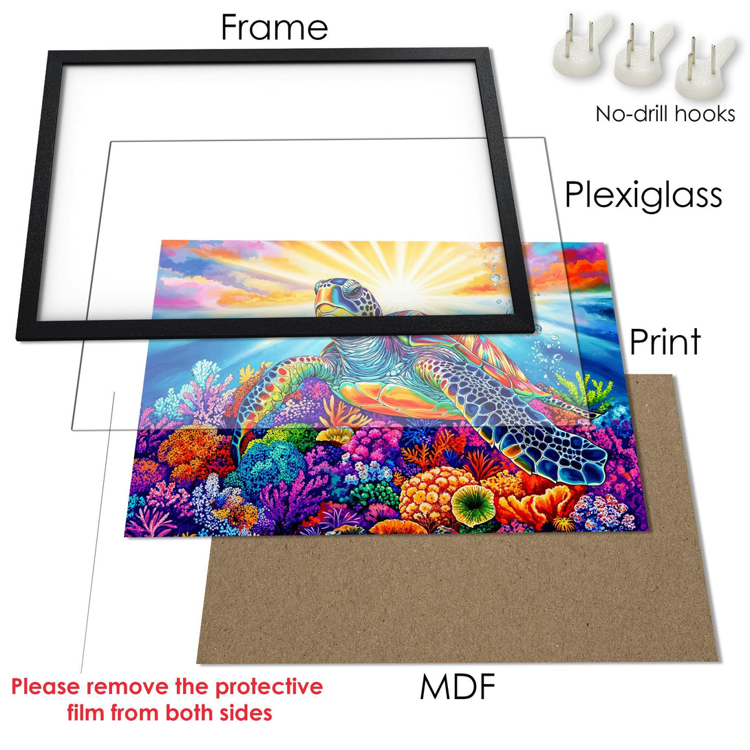Framed Poster featuring a vibrant sea turtle art print. Colorful palette with blues, oranges, and purples. Perfect wall decor!