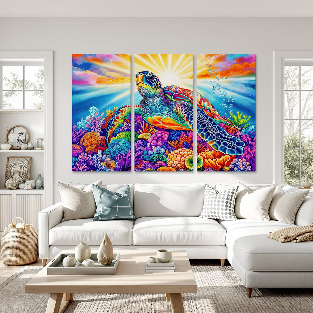 Vibrant Canvas Print of a sea turtle in a colorful coral reef. Modern art with a bright, tropical color palette. Perfect wall decor!
