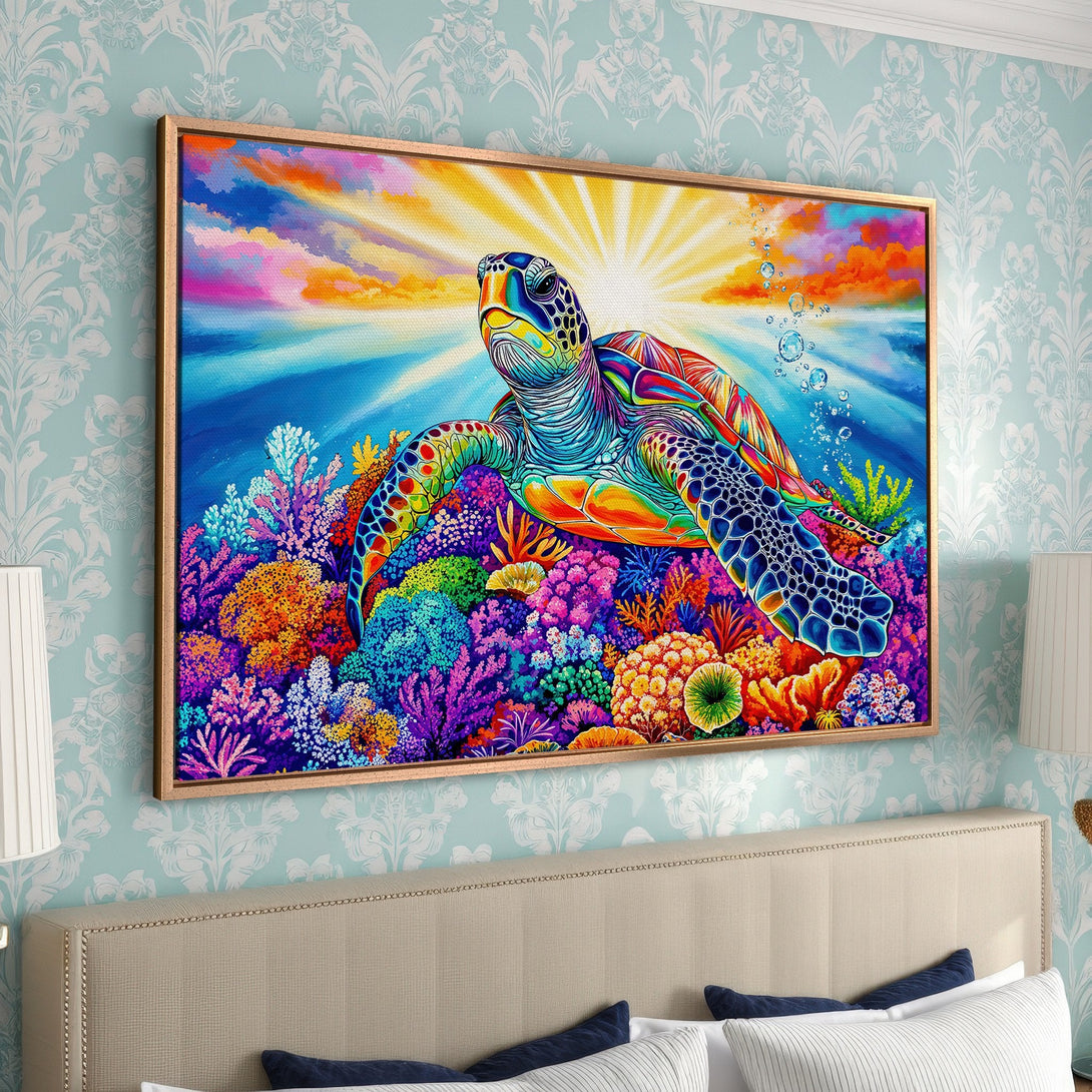 Vibrant Canvas Print of a colorful sea turtle swimming above coral. Features a bright, tropical color palette. Perfect wall art for any room!
