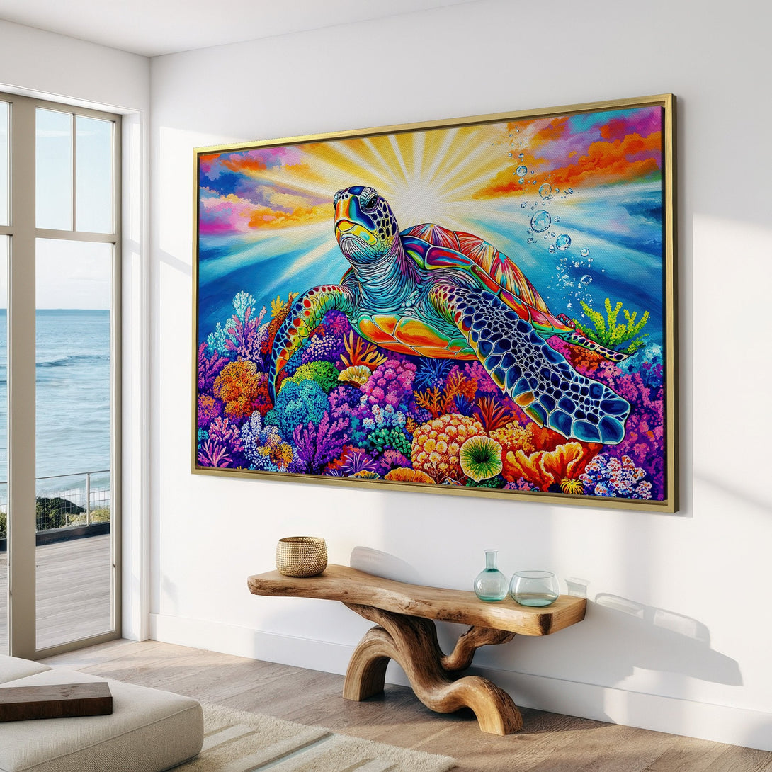 Canvas Print of a vibrant sea turtle artwork in a colorful, modern style. Features a bright, tropical color palette, perfect for coastal decor.