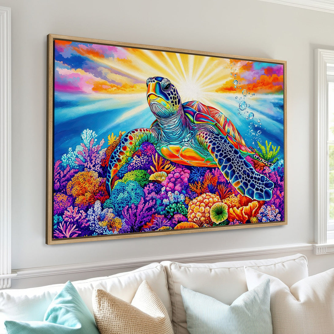 Framed Wall Art: Colorful sea turtle painting with vibrant coral reef. Adds a splash of color to any space. Perfect for coastal decor.