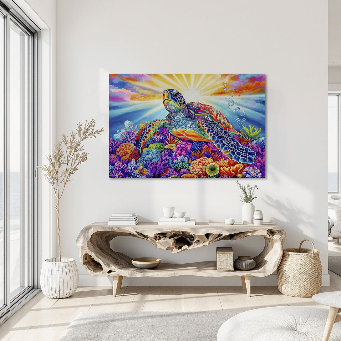 Framed Wall Art: Vibrant sea turtle Canvas Print with a colorful, impressionistic style. Features a bright, tropical color palette of blues, oranges, and purples.