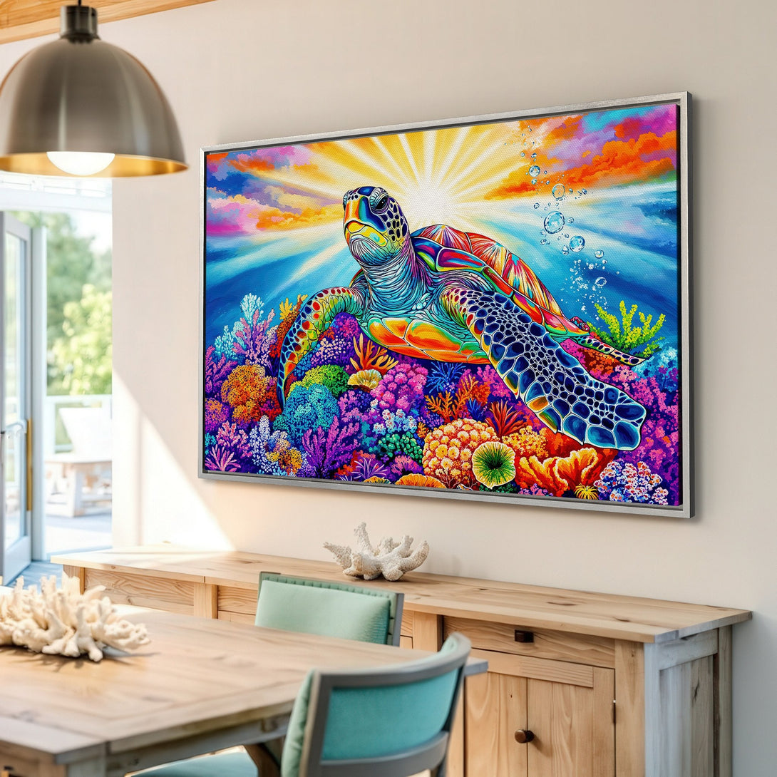 Framed Wall Art: Vibrant sea turtle canvas print in a colorful, tropical style. Featuring blues, oranges, and purples, perfect for coastal decor.