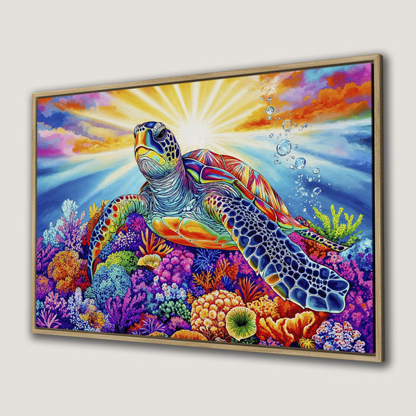 Framed Wall Art: Vibrant sea turtle canvas print. Colorful artwork with a bright coral reef scene, perfect for coastal decor and adding a pop of color.