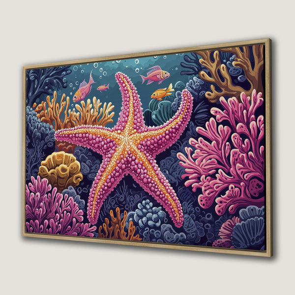 Framed Wall Art: Vibrant underwater scene with starfish, coral, and fish in a colorful palette of pinks, blues, and oranges. Perfect ocean-themed decor!