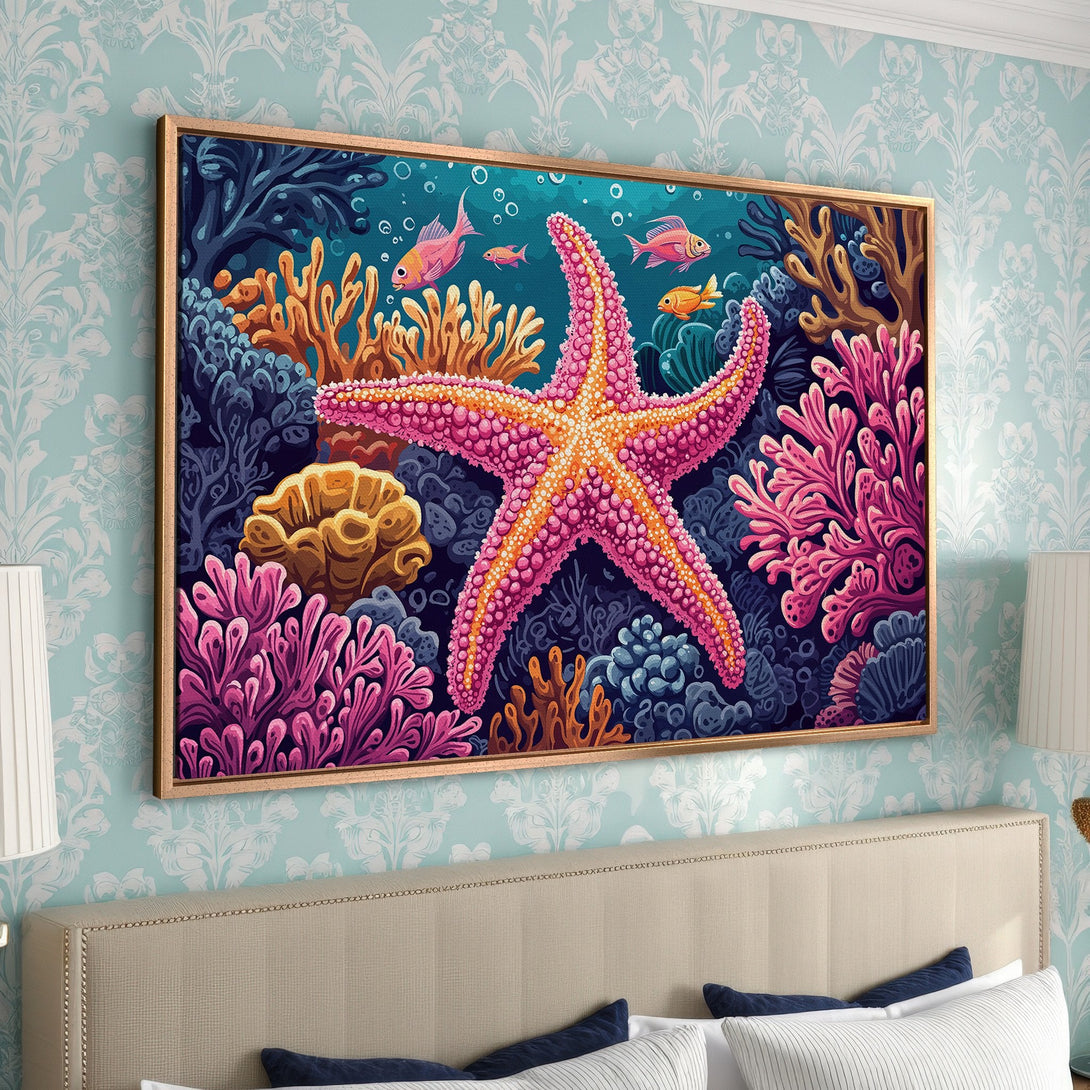 Framed Wall Art featuring a vibrant starfish and coral reef scene in a colorful, illustrative style. Perfect for coastal decor!