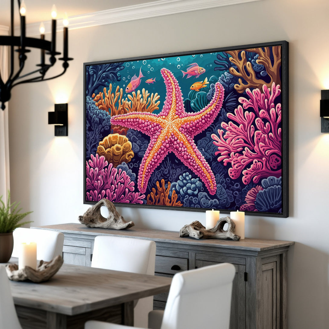 Framed Wall Art: Vibrant starfish and coral Canvas Print in a coastal-inspired interior. Featuring a colorful palette of pinks, blues, and oranges.