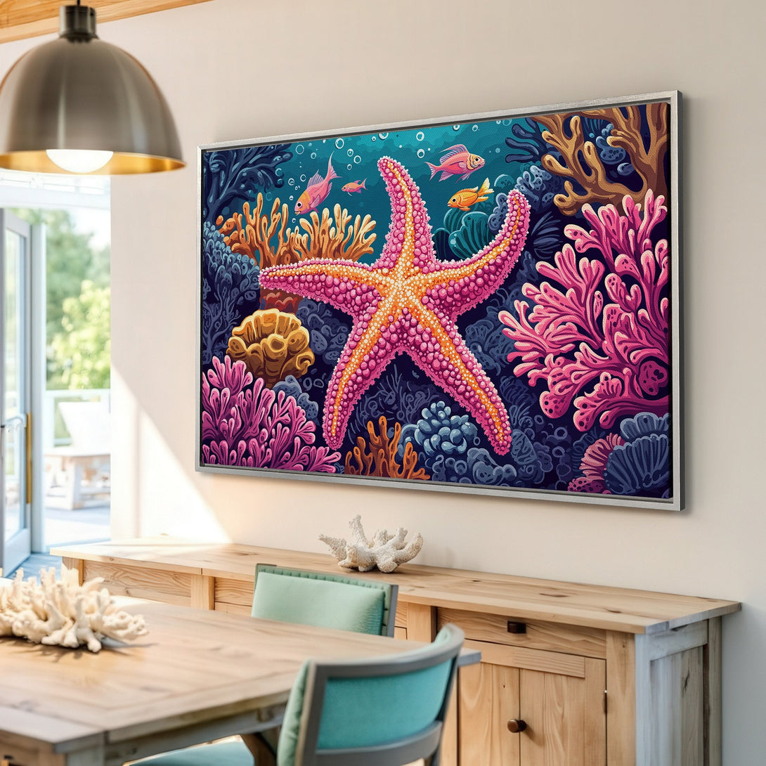 Framed Wall Art: Vibrant starfish and coral reef illustration in a colorful palette. Perfect for coastal decor. Bring the ocean to your home!