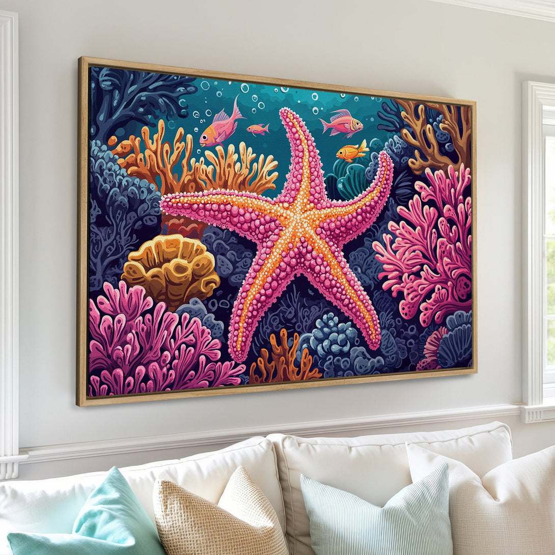 Framed Wall Art: Vibrant starfish and coral reef art in a modern, colorful style. Perfect for coastal decor, featuring pinks, blues, and oranges.
