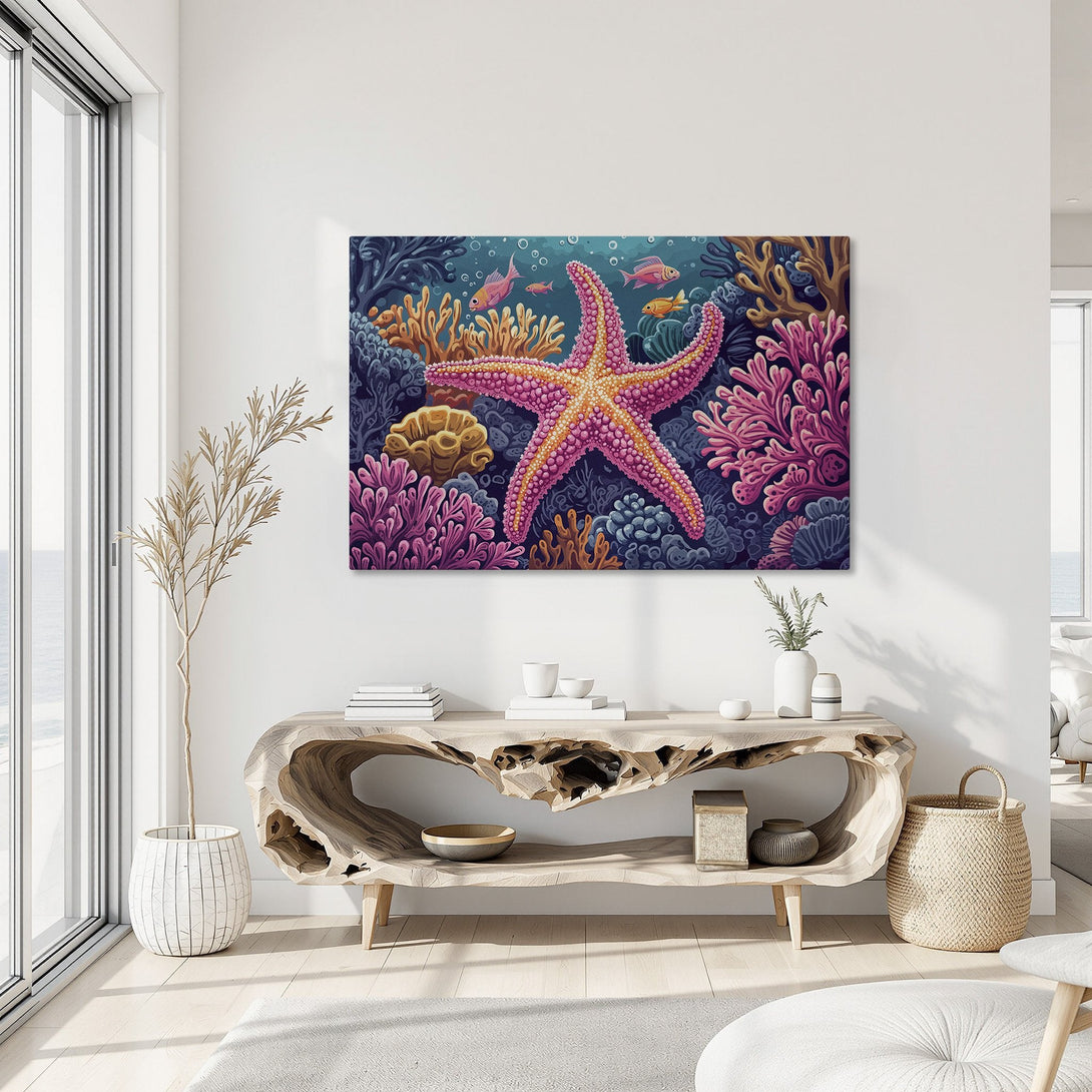 Framed Wall Art: Vibrant starfish & coral Canvas Print in a modern coastal style. Pink, orange, and blue color palette. Perfect for beach house decor.