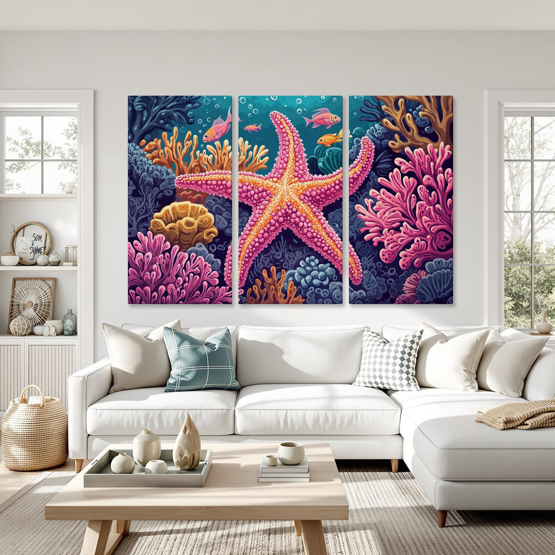 Canvas Print of a vibrant starfish and coral reef scene in a colorful, illustrative style. Features pinks, blues, and oranges. Perfect coastal wall art!