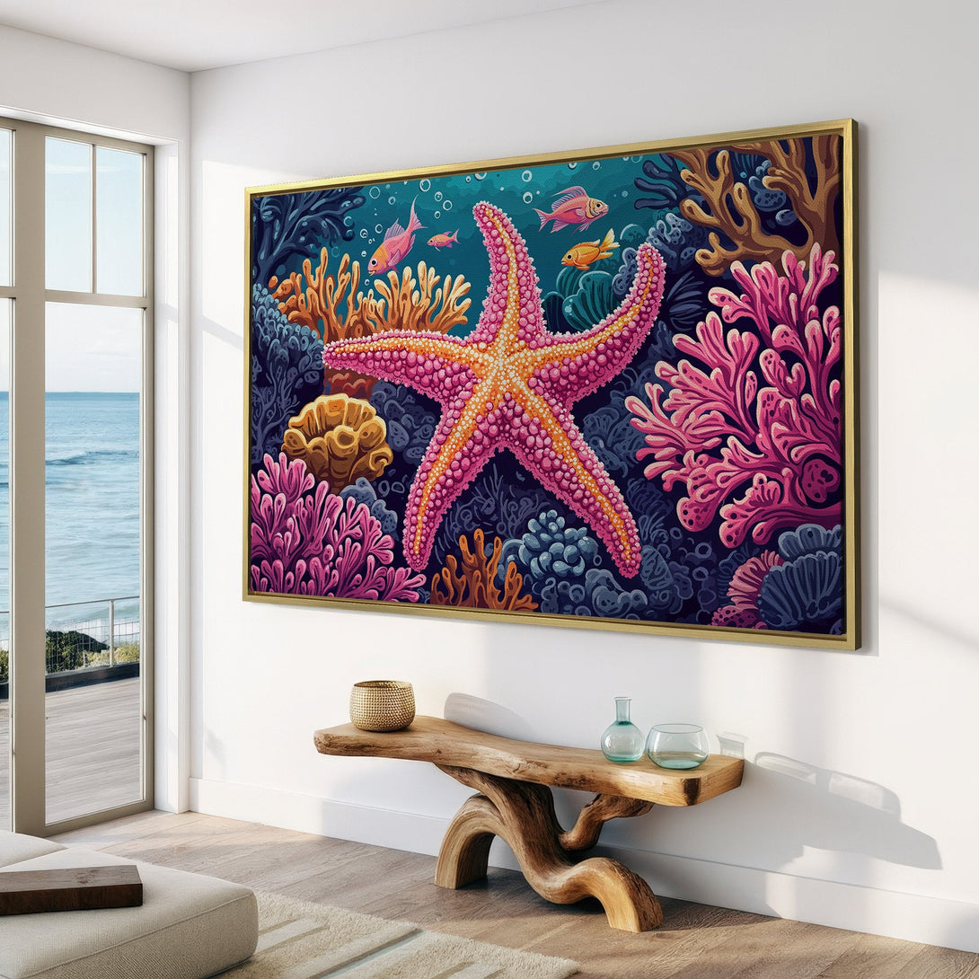 Canvas Print of a vibrant starfish underwater scene. Coastal style art with a pink, purple, and blue color palette. Perfect for adding a pop of color!