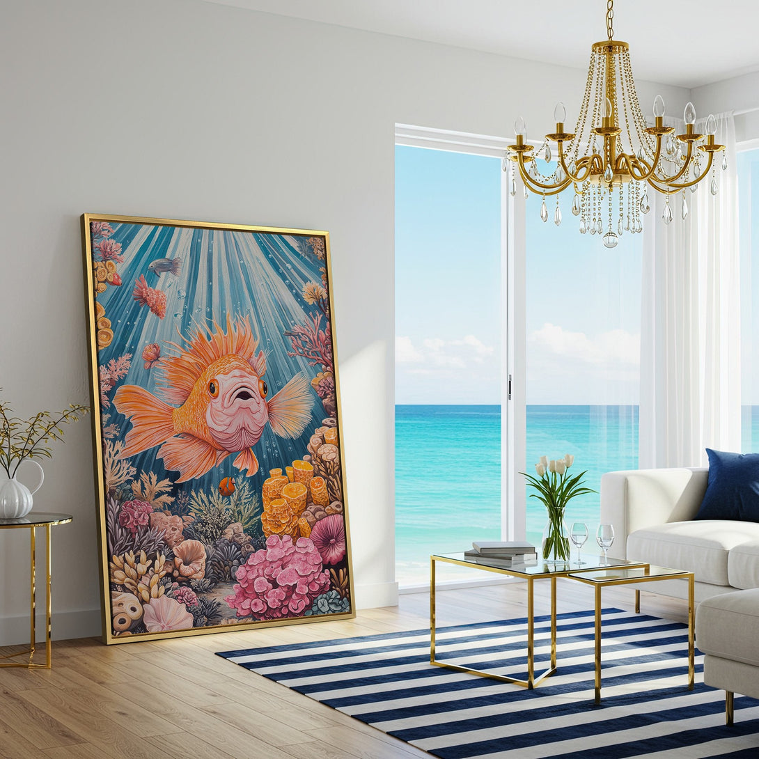 Canvas Print: Whimsical underwater art featuring a vibrant orange fish. Coastal-inspired decor with blue, coral, and pink hues. Perfect for adding a splash of color!