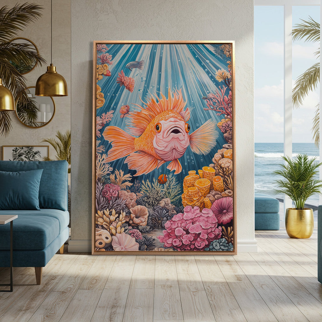 Framed Wall Art: Whimsical underwater scene with a vibrant orange fish. Coastal style art with a blue, coral, and orange color palette. Perfect for any space!