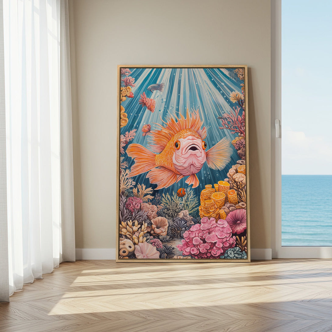 Framed Wall Art: Vibrant goldfish canvas print in an underwater scene. Features a colorful palette of blues, oranges, and pinks. Perfect for coastal decor.