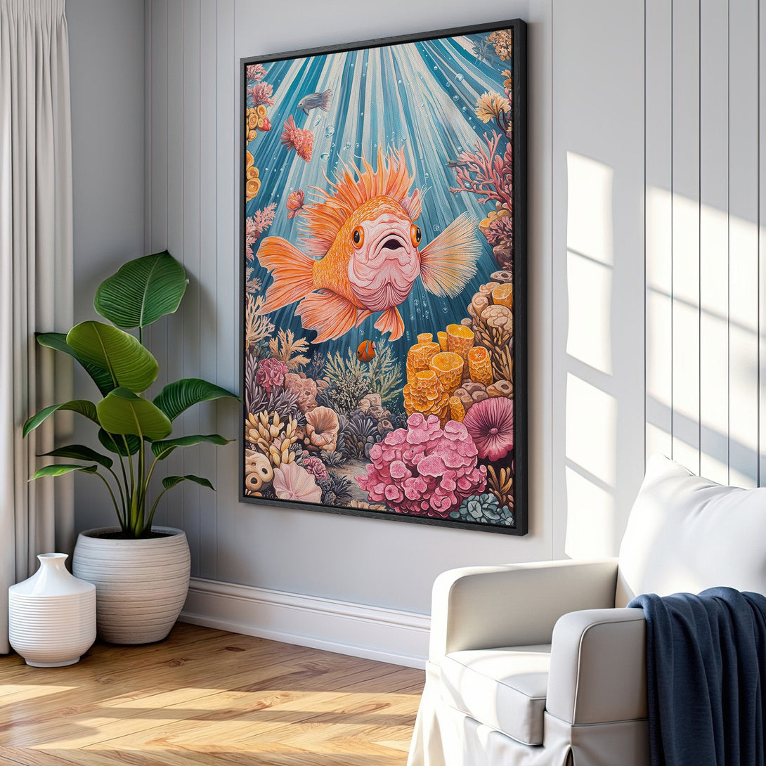 Framed Wall Art featuring a vibrant orange goldfish swimming amongst coral reefs. Whimsical style, colorful palette of blues, oranges, and pinks. Perfect for coastal decor.