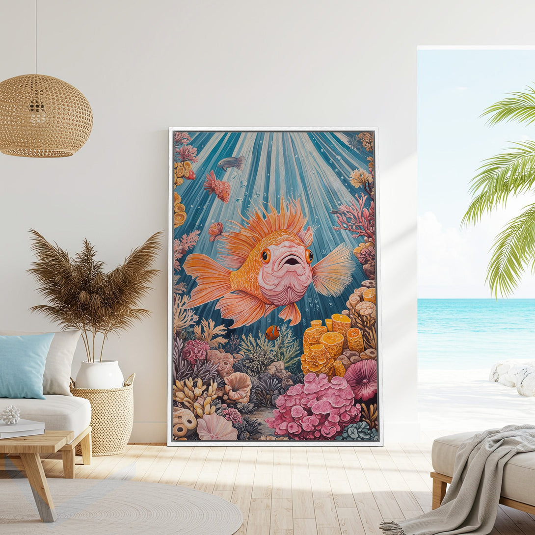 Framed Wall Art: Vibrant watercolor illustration of a goldfish in a coral reef. Tropical color palette with blues, oranges, and pinks. Perfect coastal decor.