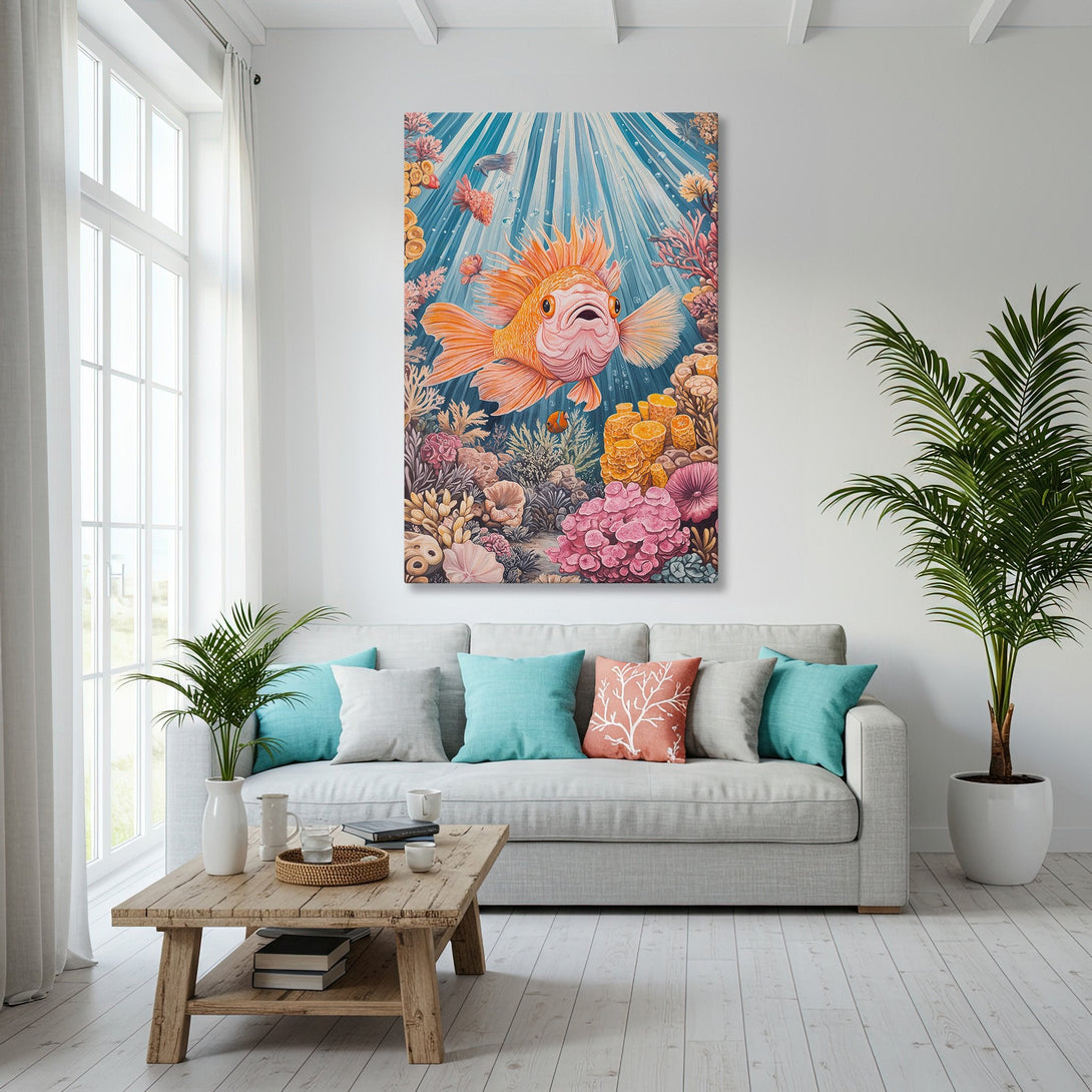 Framed Wall Art: Whimsical goldfish art in a vibrant coral reef scene. Coastal decor with a blue, orange, and pink color palette. Perfect for a beach house!