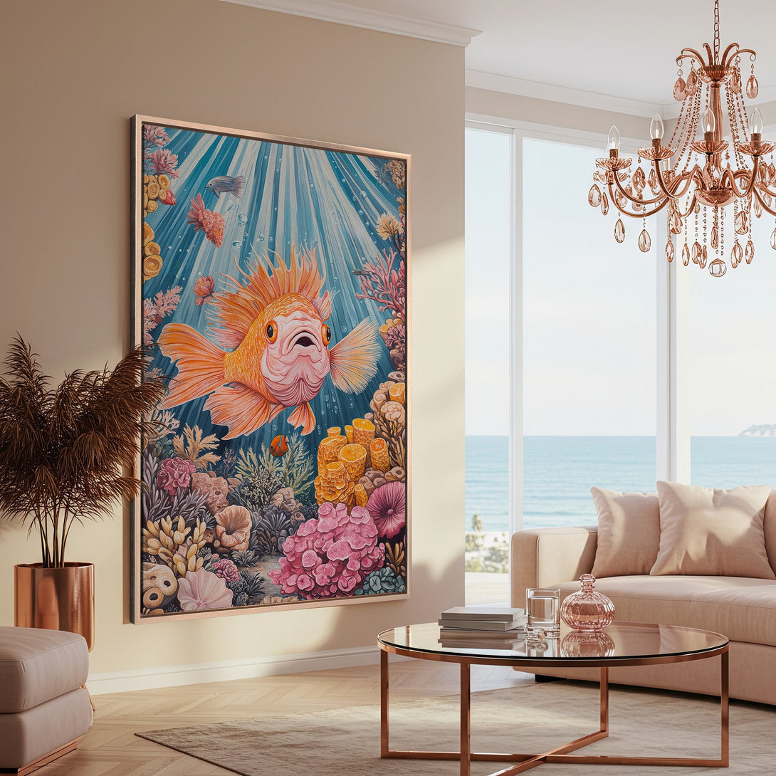 Framed Wall Art: Vibrant goldfish painting in a coastal living room. Featuring a colorful coral reef scene with a blue, orange, and pink palette.