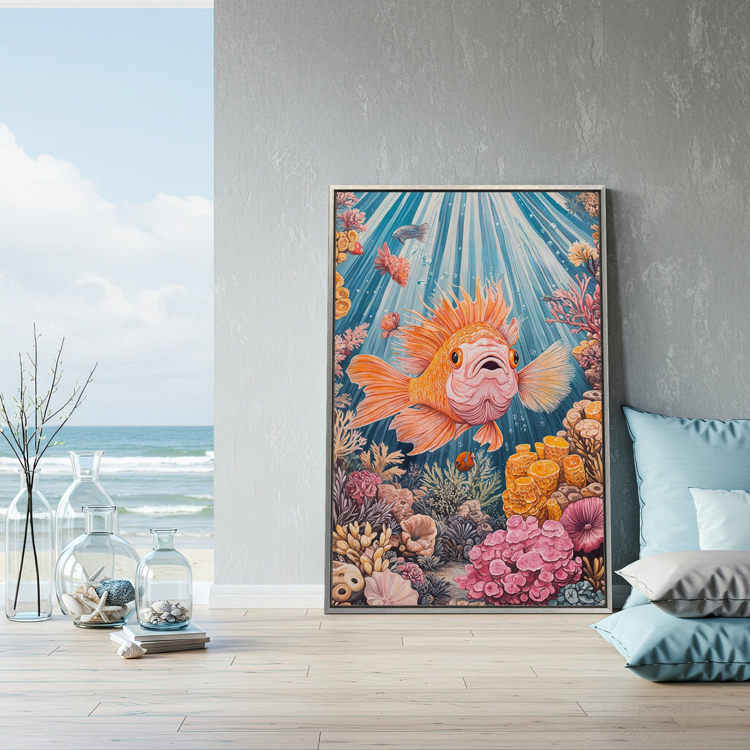 Framed Wall Art: Whimsical underwater scene with a colorful fish. Coastal style art with a blue, orange, and pink color palette. Perfect for beach house decor.