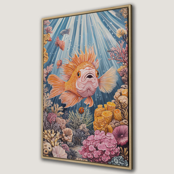 Framed Wall Art: Whimsical underwater scene with a goldfish, coral, and blue water. Vibrant orange, pink, and blue color palette. Perfect for adding a splash of color!
