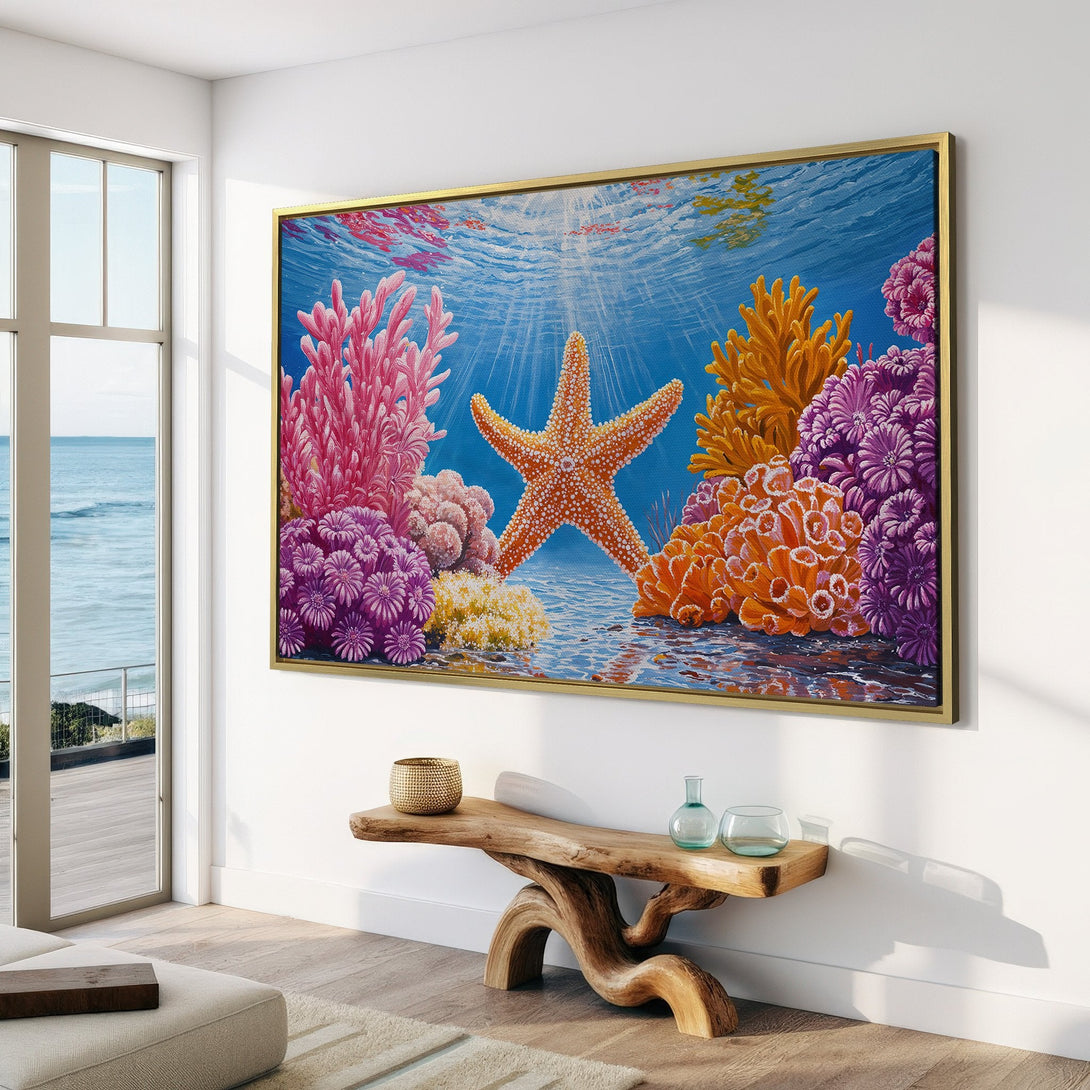 Canvas Print featuring a vibrant underwater scene with a starfish and coral. Coastal style art with a blue, pink, and orange color palette.