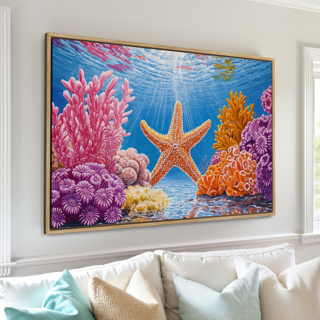 Framed Wall Art: Vibrant underwater scene Canvas Print featuring a starfish and coral reef in a beautiful blue, pink, orange, and purple palette. Bring the ocean home!